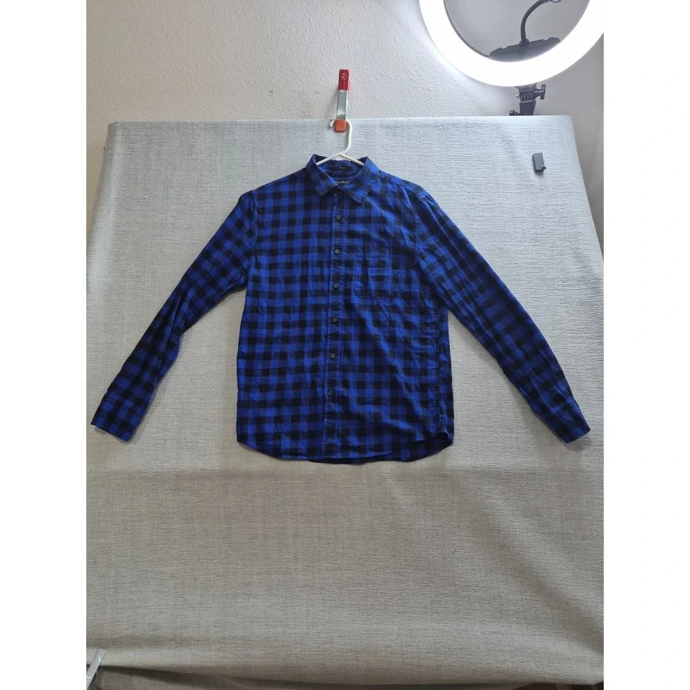 Banana Republic Shirt Men Medium Blue Black Buffalo Check Untucked Fit Button UP